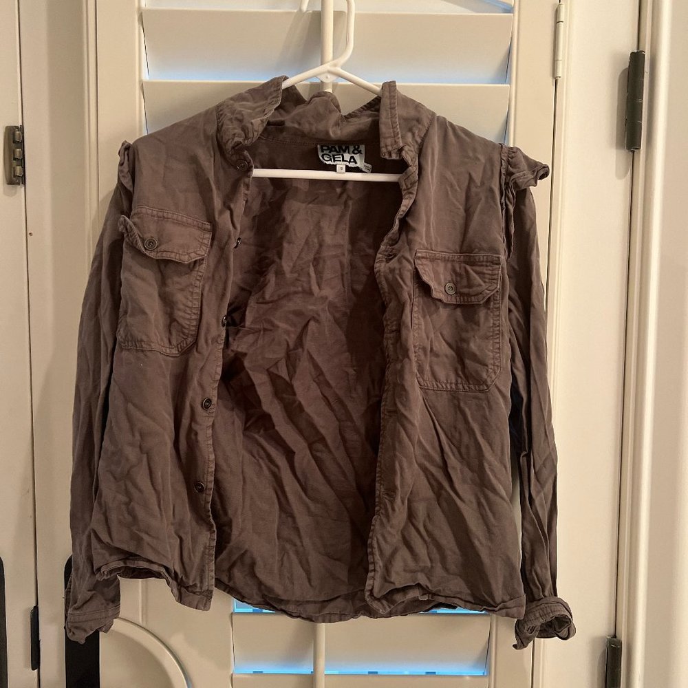 Pam and Gela Green Button up Shirt with ruffles